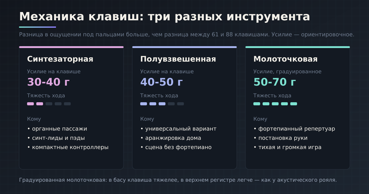 Три типа механики: усилие, тяжесть хода и типичные сценарии