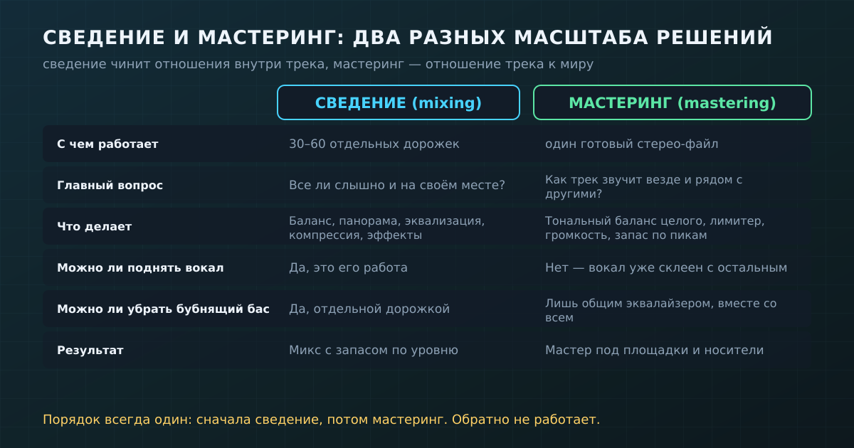 Сведение и мастеринг отличаются масштабом решений: дорожки внутри трека и готовый файл целиком