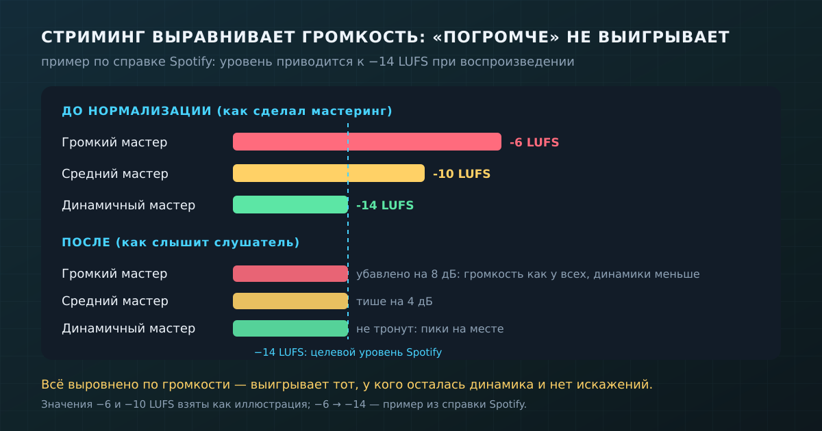 Нормализация громкости: громкий мастер приглушают до целевого уровня, динамика остаётся потерянной
