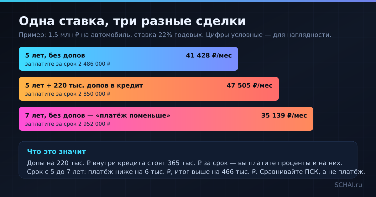 Одна и та же ставка даёт три очень разные сделки. Цифры условные — подставьте свои.
