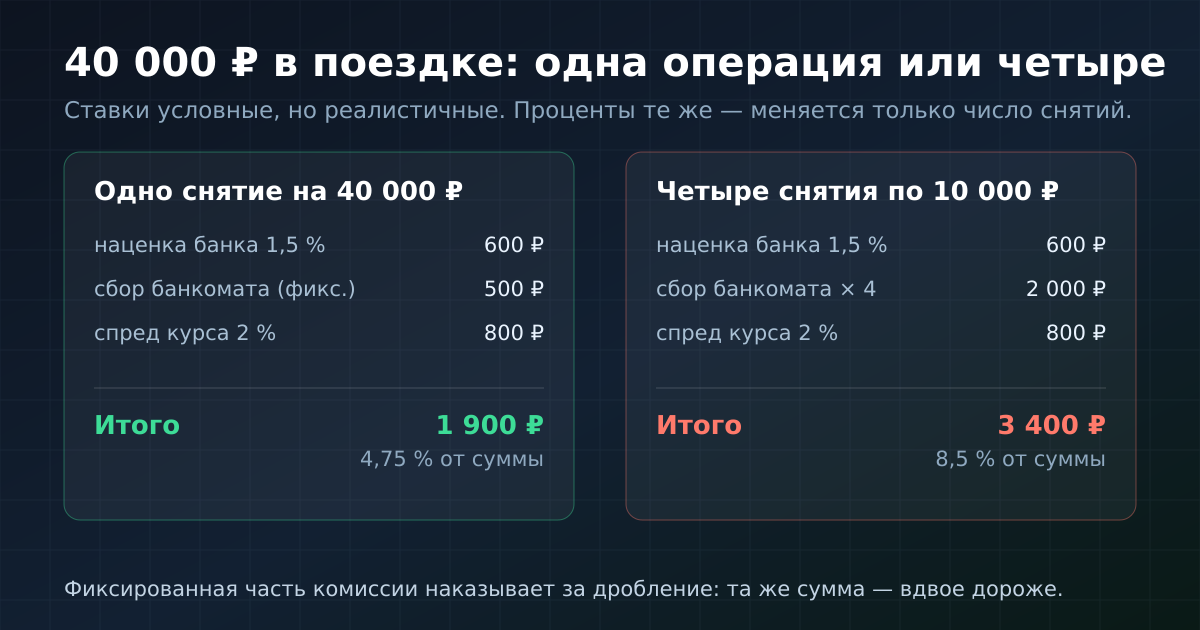 Одна операция против четырёх: фиксированная часть комиссии наказывает за дробление суммы.