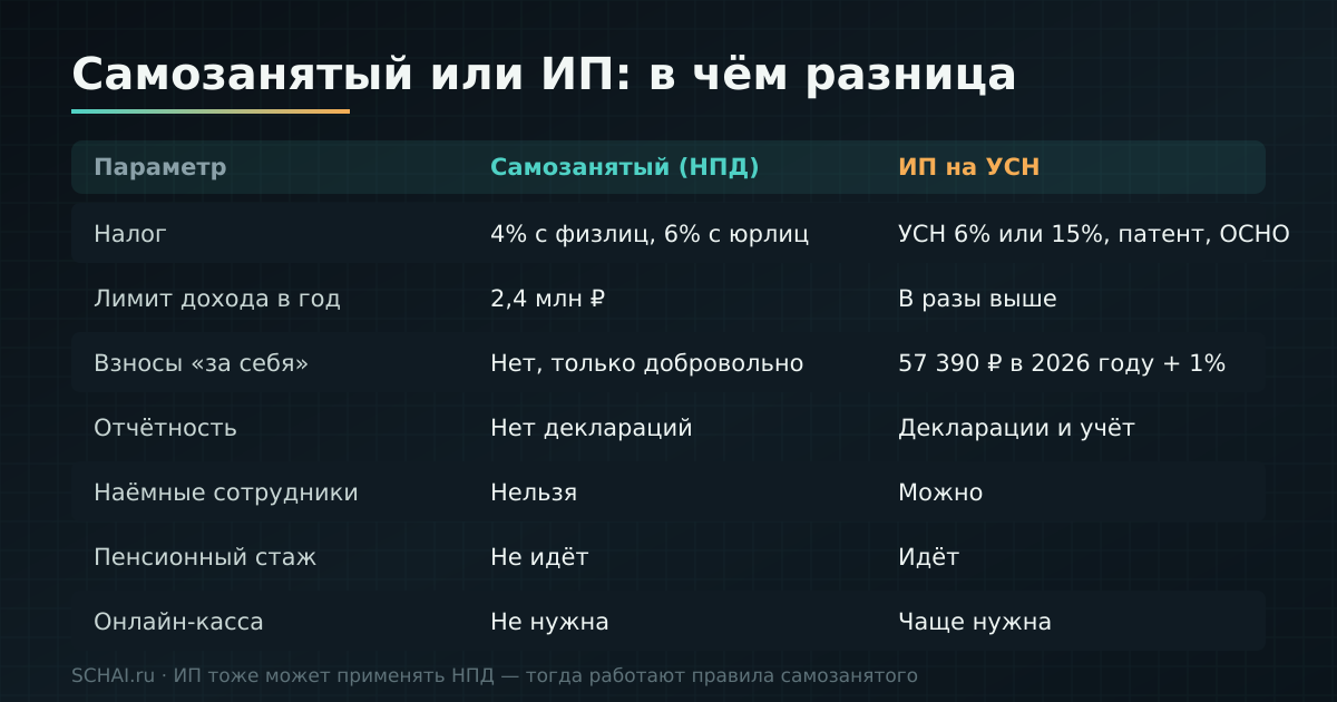 Сравнение самозанятости и ИП: налоги, лимит дохода, страховые взносы, отчётность, наём сотрудников и пенсионный стаж