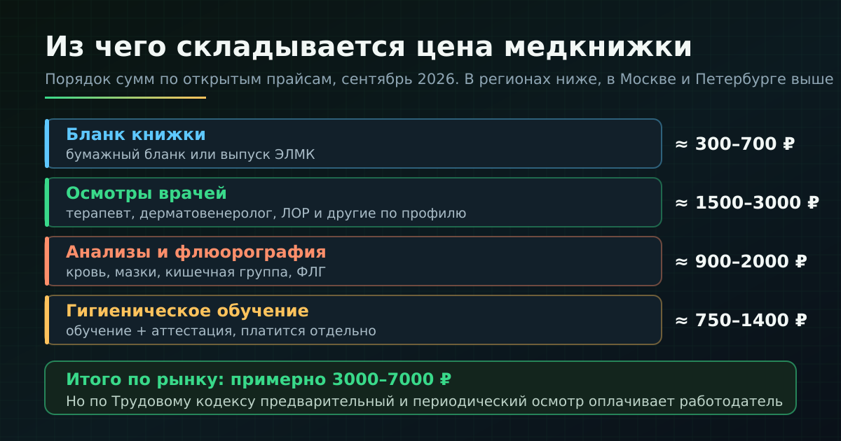 Из чего складывается цена медкнижки: бланк, осмотры, анализы, гигиеническое обучение. Порядок сумм по открытым прайсам, сентябрь 2026
