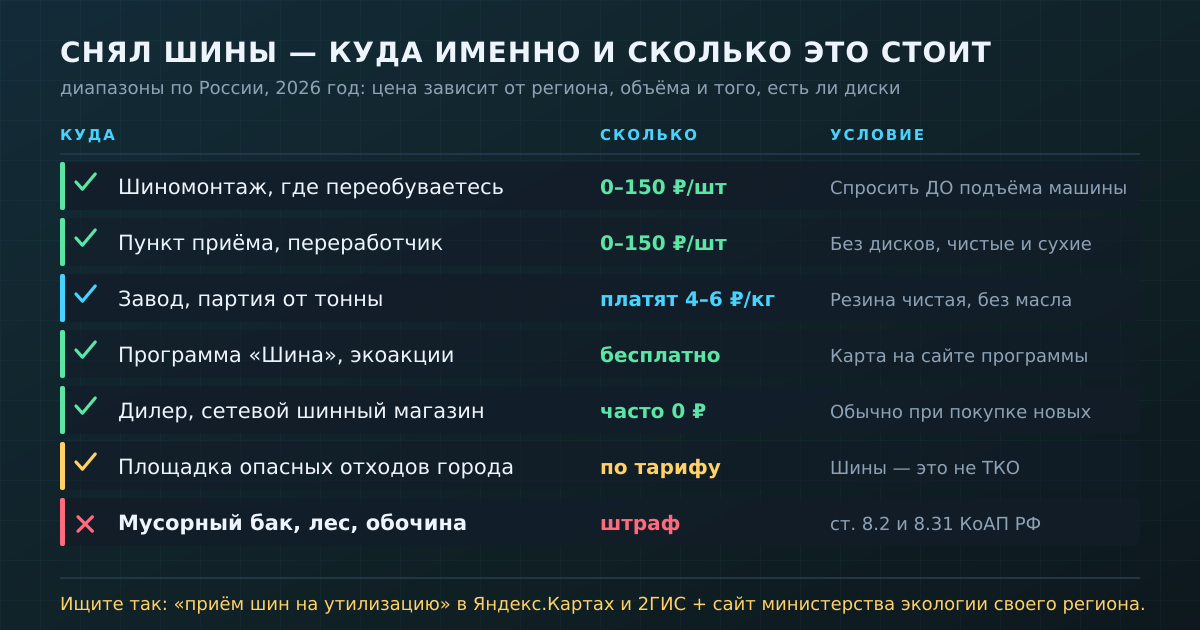 Инфографика: куда сдать снятые шины и сколько это стоит — шиномонтаж, пункт приёма, завод, бесплатные программы, дилер, площадка опасных отходов