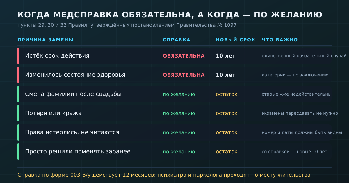 Справка обязательна только при истечении срока и при изменениях в здоровье — но без неё новые права выдадут лишь на остаток старого срока