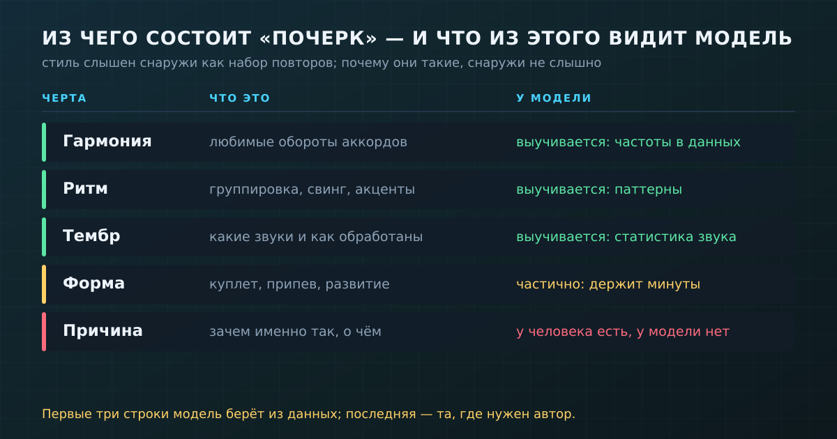 Из чего состоит почерк: гармония, ритм и тембр выучиваются из данных, а причина выбора остаётся за человеком