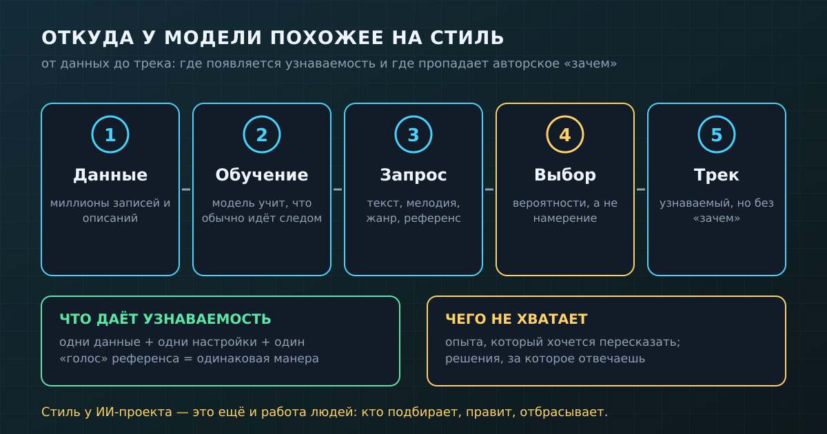 Путь от данных к узнаваемому треку: где появляется узнаваемость и где пропадает авторское «зачем»