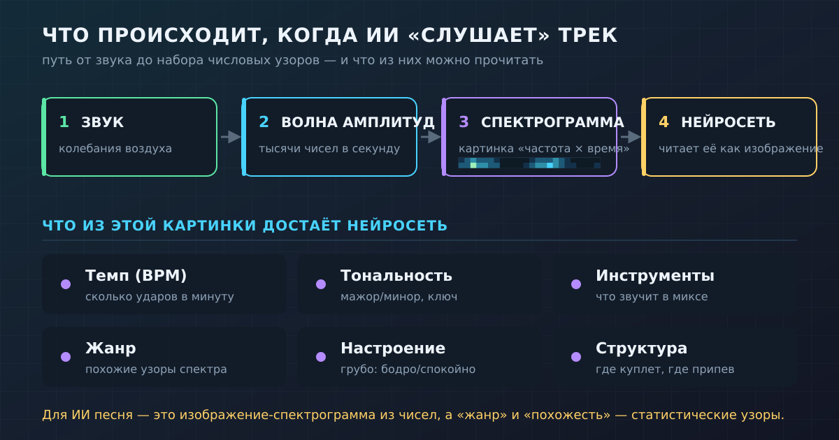 Путь от звука до числовых узоров: волна → спектрограмма-картинка → нейросеть читает темп, тональность, инструменты, жанр, настроение и структуру.
