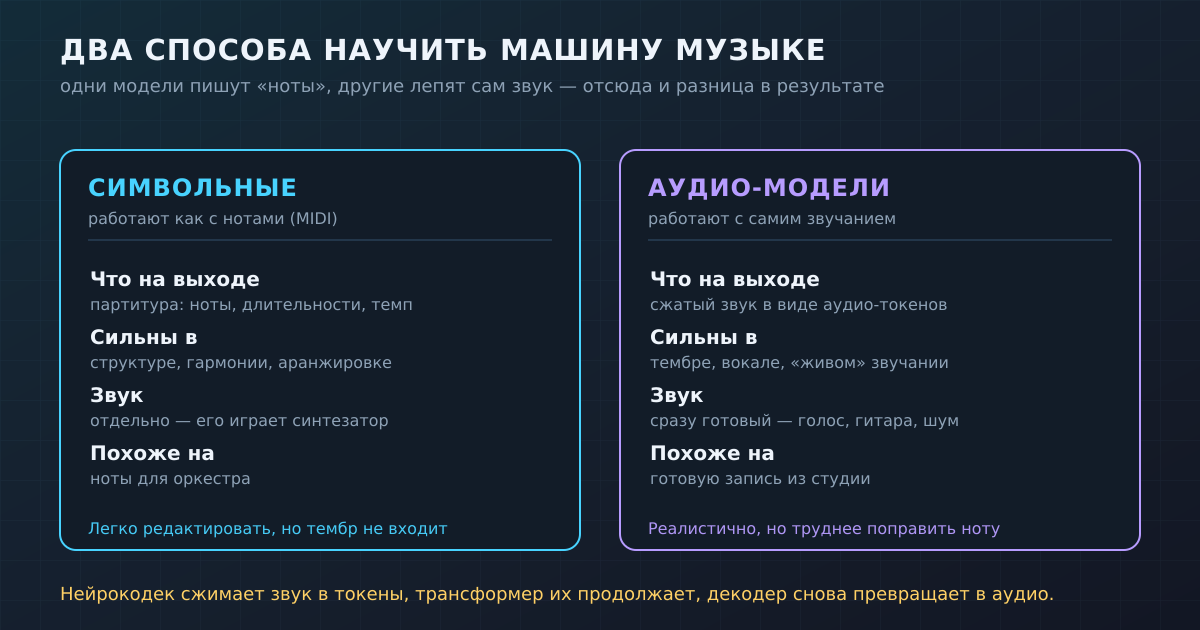 Символьные модели работают с нотами, аудио-модели — с самим звучанием через нейрокодек. Отсюда и разница в том, что проще: редактировать или получить живой тембр.