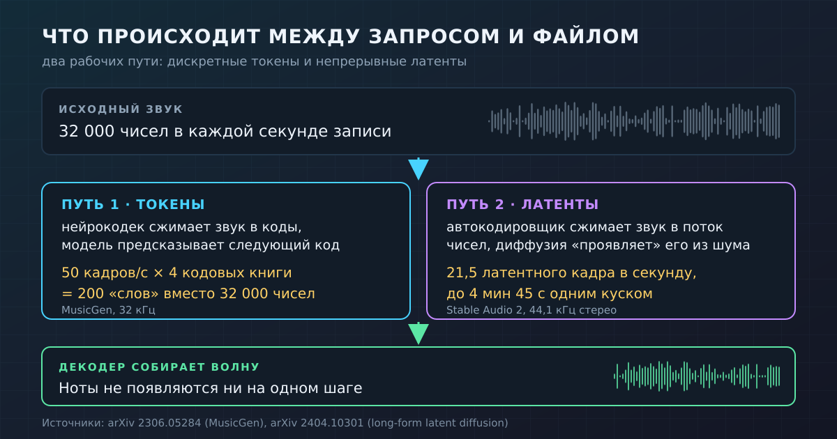 Один принцип на двух путях: звук сжимают, предсказывают сжатое, потом разворачивают обратно в волну