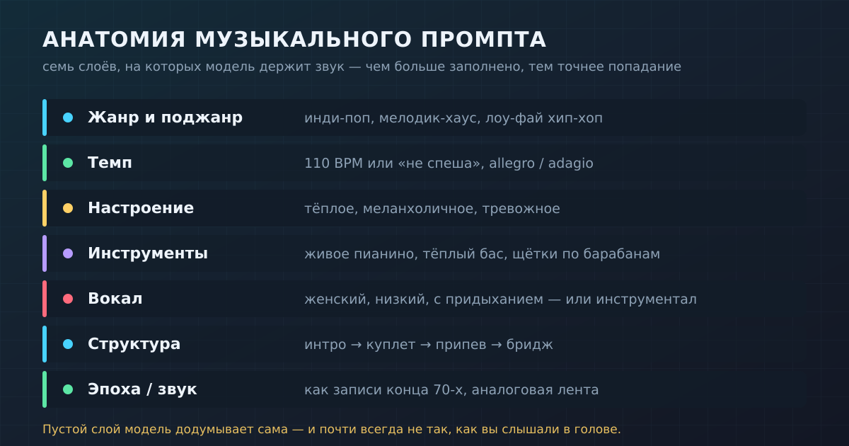 Анатомия музыкального промпта: семь слоёв, которые модель читает как условие. Пустой слой она додумывает сама.