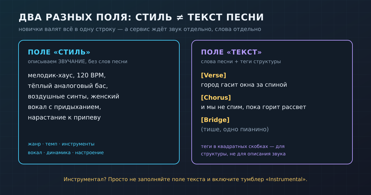 Стиль и текст песни — два разных поля. Звук описываем в одном, слова и теги структуры — в другом.