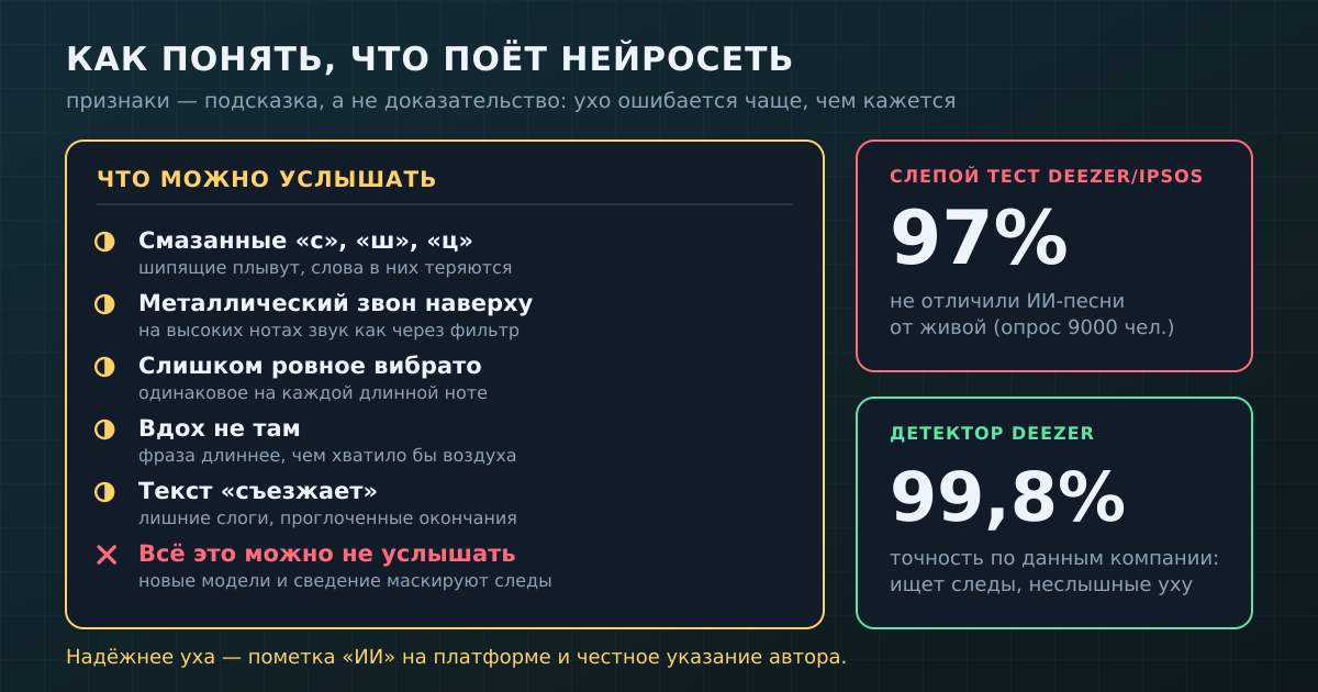 Признаки ИИ-вокала, которые можно услышать, — и почему ухо всё равно ошибается
