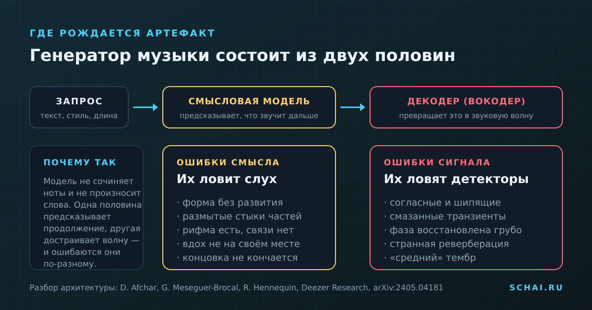 Генератор музыки состоит из двух половин: смысловая модель предсказывает продолжение, декодер превращает его в волну. Каждая ошибается по-своему — и слух ловит в основном левую половину, а детекторы правую.