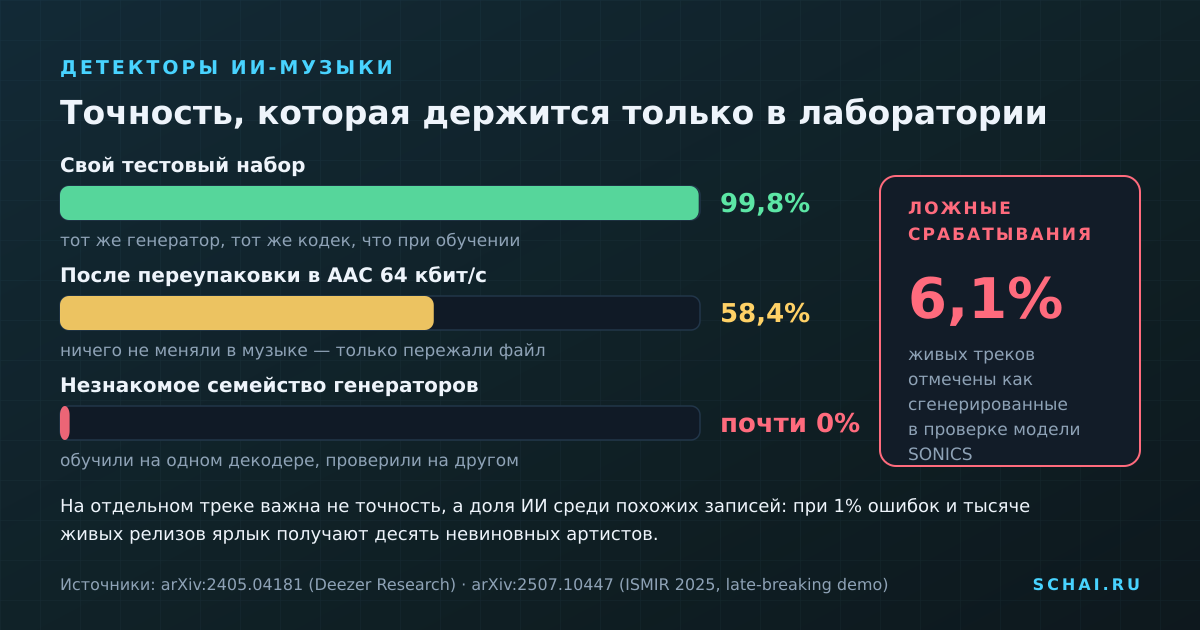 Заявленная точность детектора держится на своём тестовом наборе. Простое пережатие файла в AAC 64 кбит/с роняет её до 58,4%, незнакомое семейство генераторов — почти до нуля, а на живой музыке остаются ложные срабатывания.