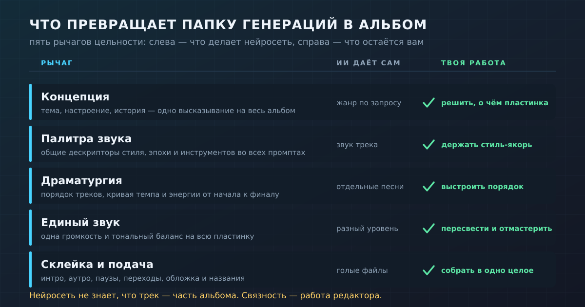 Пять рычагов цельности альбома: что нейросеть делает сама, а что остаётся работой автора