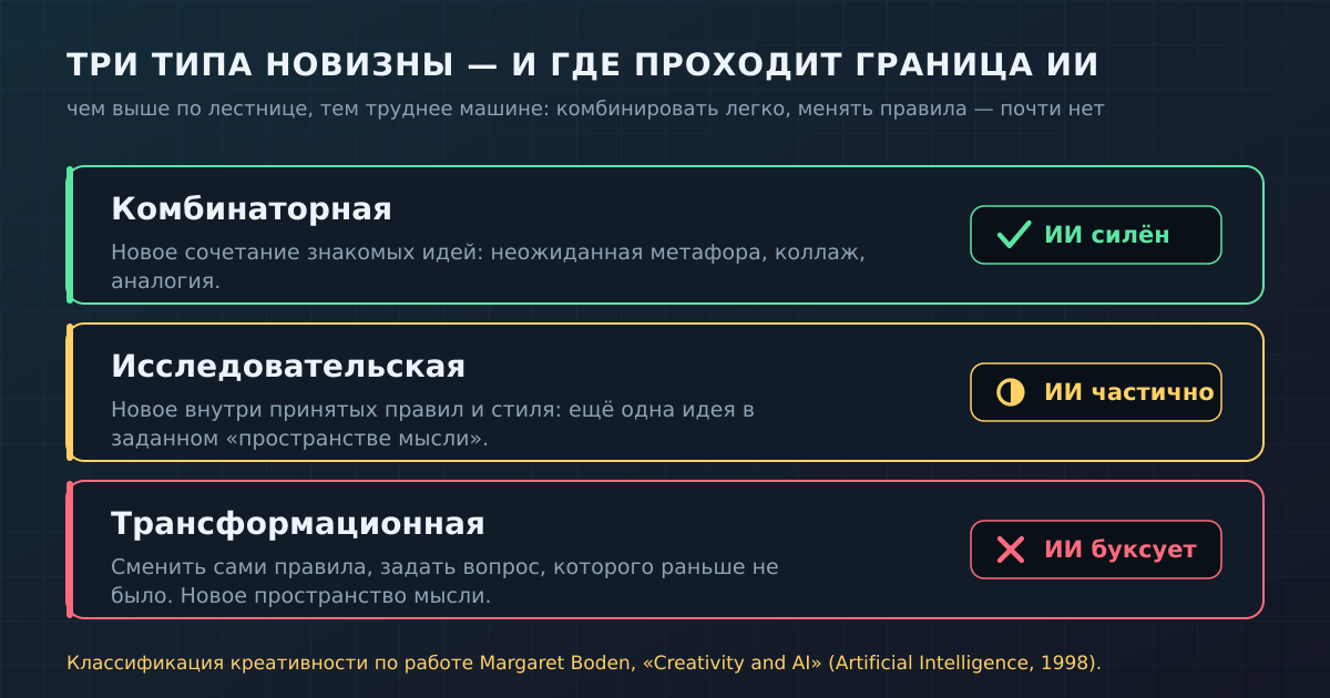 Три типа новизны по классификации Маргарет Боден: комбинировать знакомое машине легко, менять сами правила — почти нет.