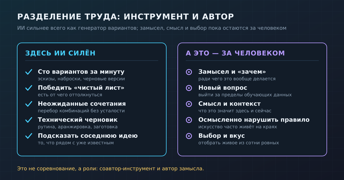 Разделение труда: ИИ силён как генератор вариантов и эскизов, а замысел, смысл и выбор пока остаются за человеком.