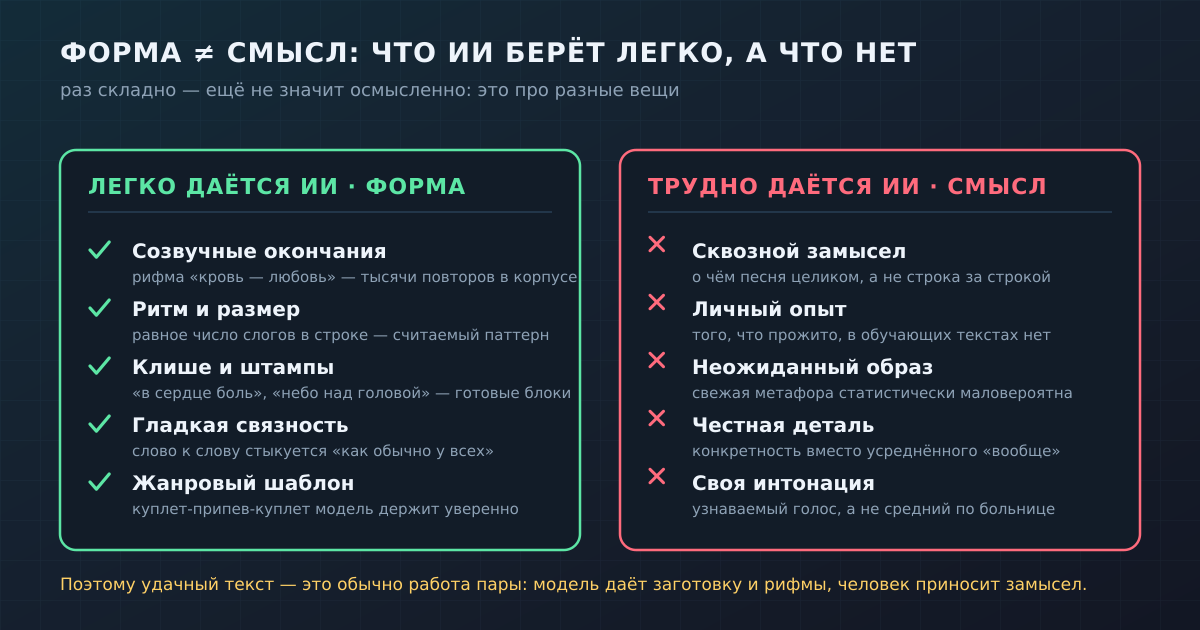 Что нейросети даётся легко (форма) и что трудно (смысл) — две независимые колонки, в которых и прячется весь эффект