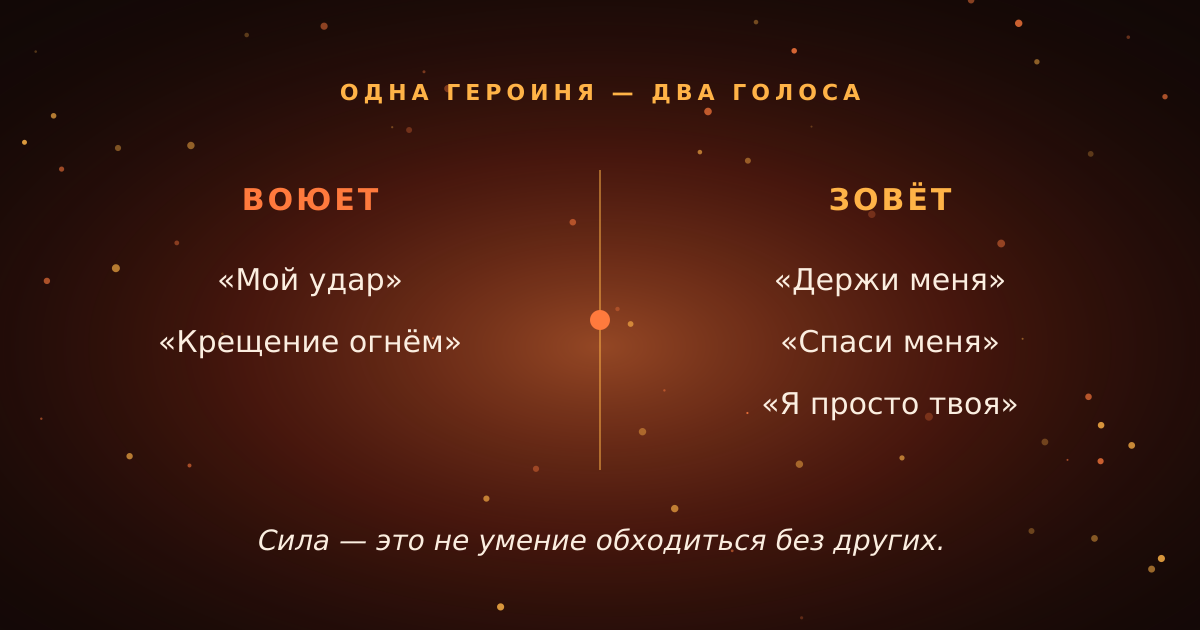 Одна героиня — два голоса: песни, где она воюет, и песни, где она зовёт.