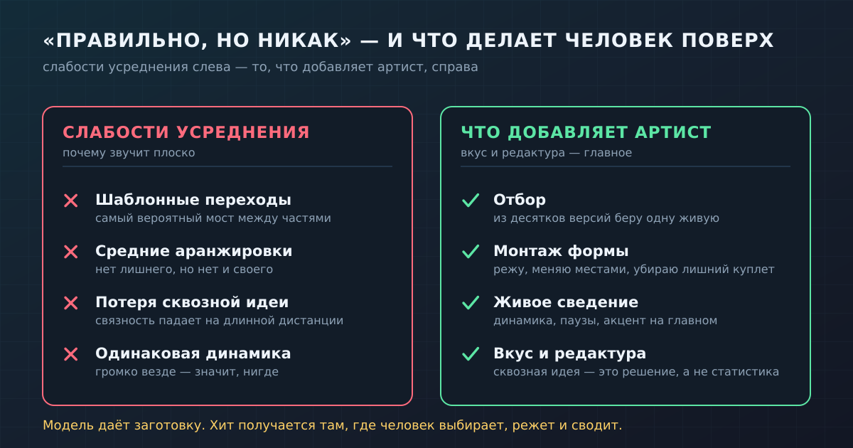 Слабости усреднения и то, что артист добавляет поверх генерации