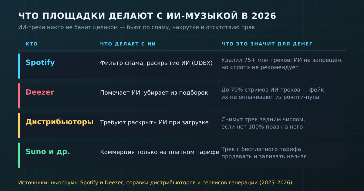 Что площадки делают с ИИ-музыкой в 2026: никого не банят целиком, но бьют по спаму, накрутке и отсутствию прав