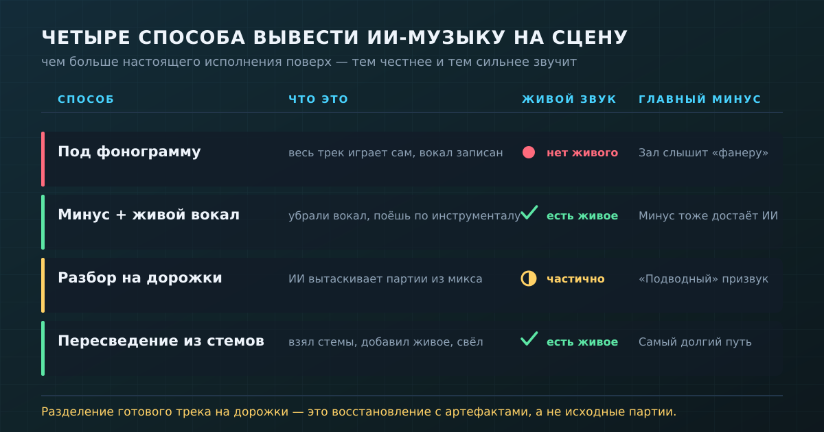 Четыре способа вывести ИИ-музыку на сцену: чем больше живого исполнения поверх, тем честнее звучит