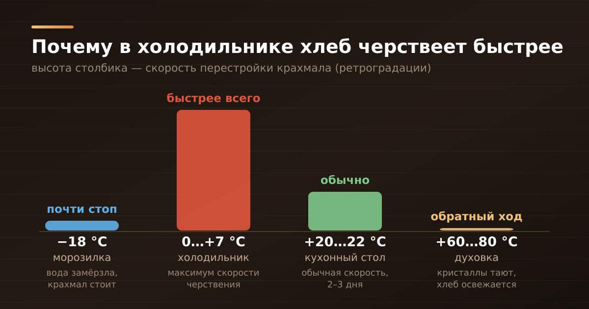 Скорость черствения по температурам: холодильник — худшая зона, морозилка почти останавливает процесс
