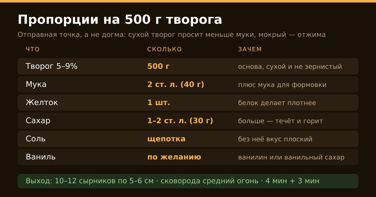 Пропорции на 500 г творога: мука, желток, сахар, соль