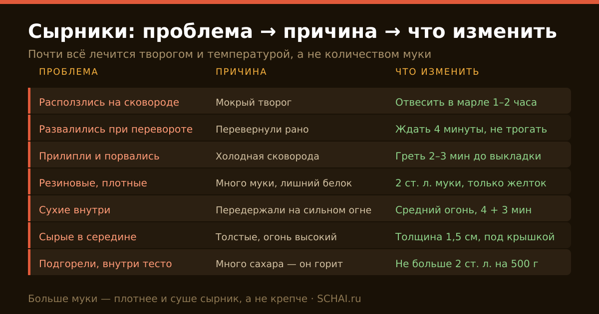 Таблица: проблема с сырниками, её причина и что изменить