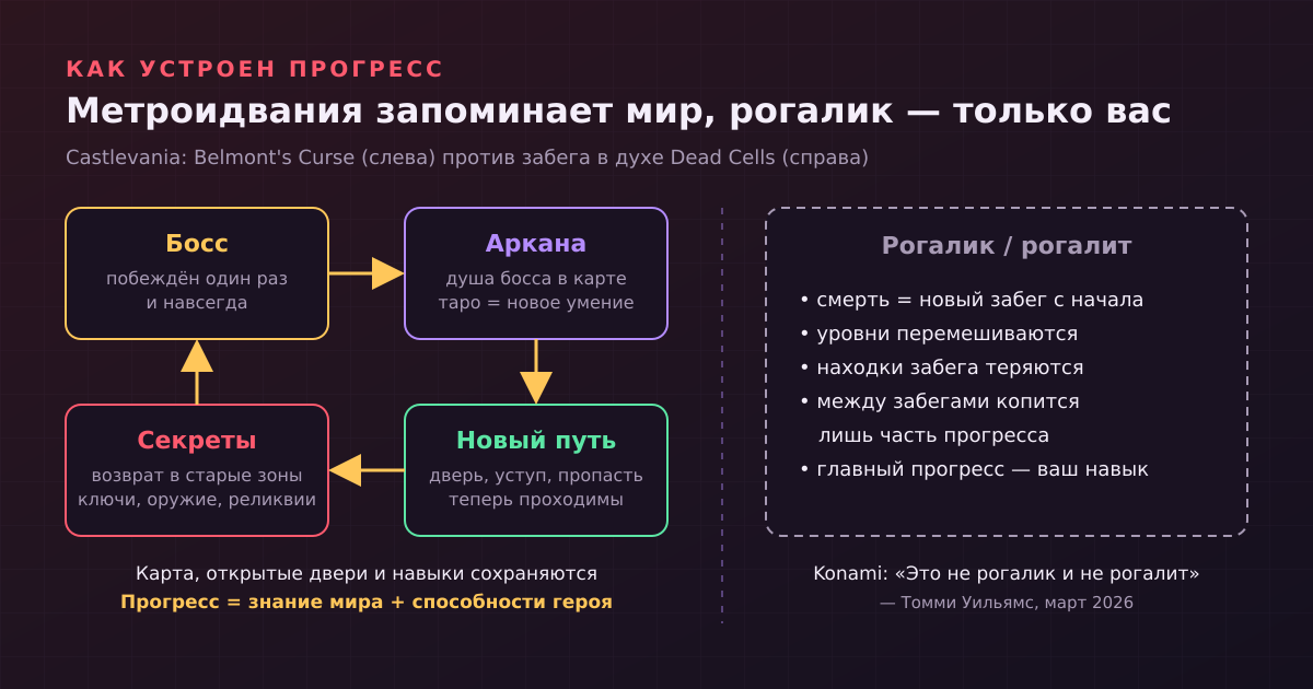 Как устроен прогресс в Belmont's Curse: каждый босс превращается в новую способность, способность открывает старые закрытые пути, а там ждут секреты. В рогалике мир сбрасывается после смерти, и копится в основном навык игрока.