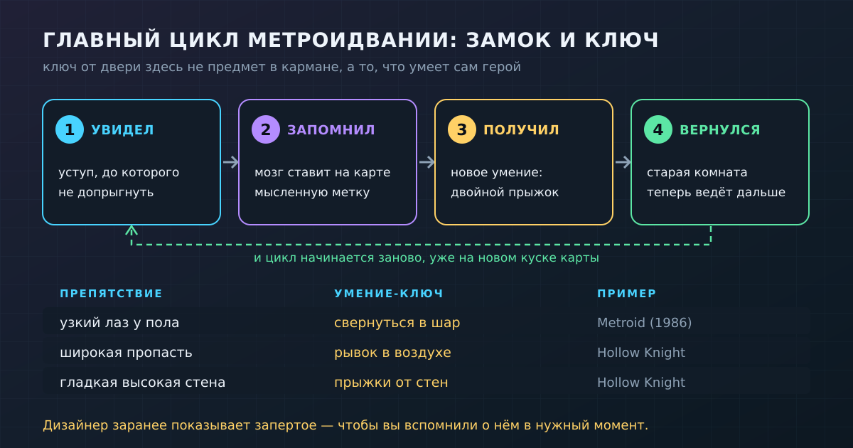 Цикл метроидвании: увидел недоступное → запомнил → получил умение → вернулся, и старая комната ведёт дальше