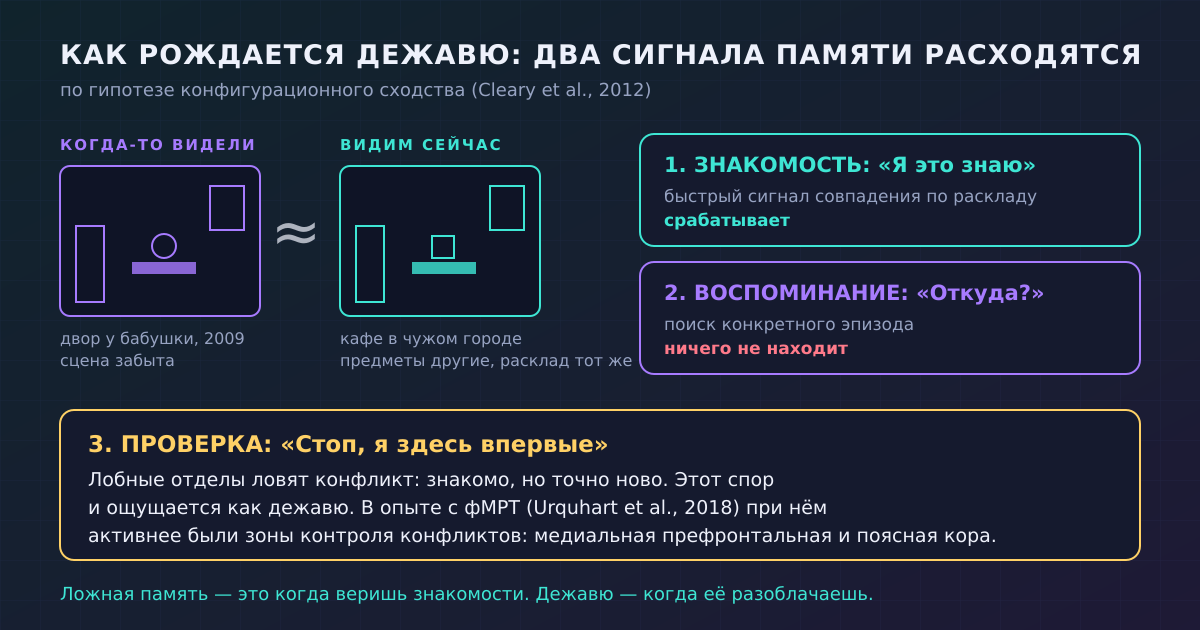 Расклад новой сцены совпадает с забытой старой: знакомость срабатывает, воспоминание — нет, а лобные отделы замечают конфликт