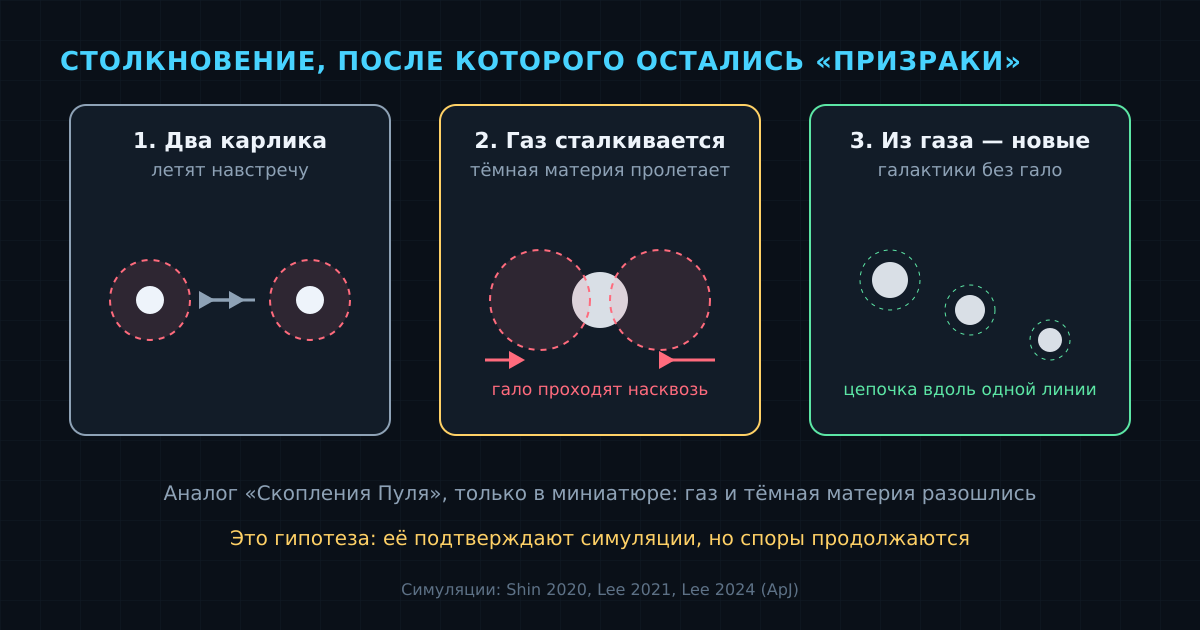 Схема столкновения карликов: газ слипается, тёмная материя пролетает насквозь, из газа рождается цепочка галактик без гало