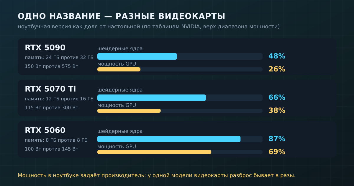 Ноутбучная видеокарта как доля настольной: ядра и мощность (данные NVIDIA, верх диапазона мощности)