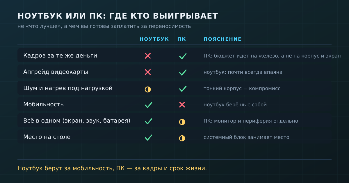 Где выигрывает ноутбук, а где ПК
