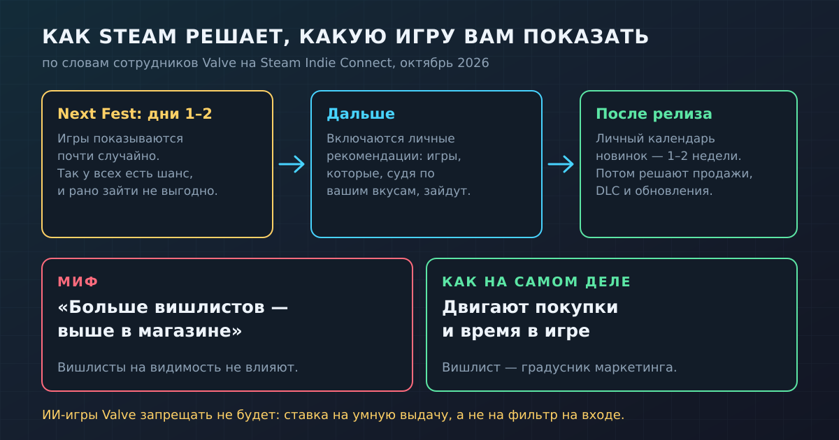 Как Steam показывает игры: случайная выдача в первые дни Next Fest, затем персональные рекомендации. Вишлисты на видимость не влияют. По словам сотрудников Valve, октябрь 2026 года.