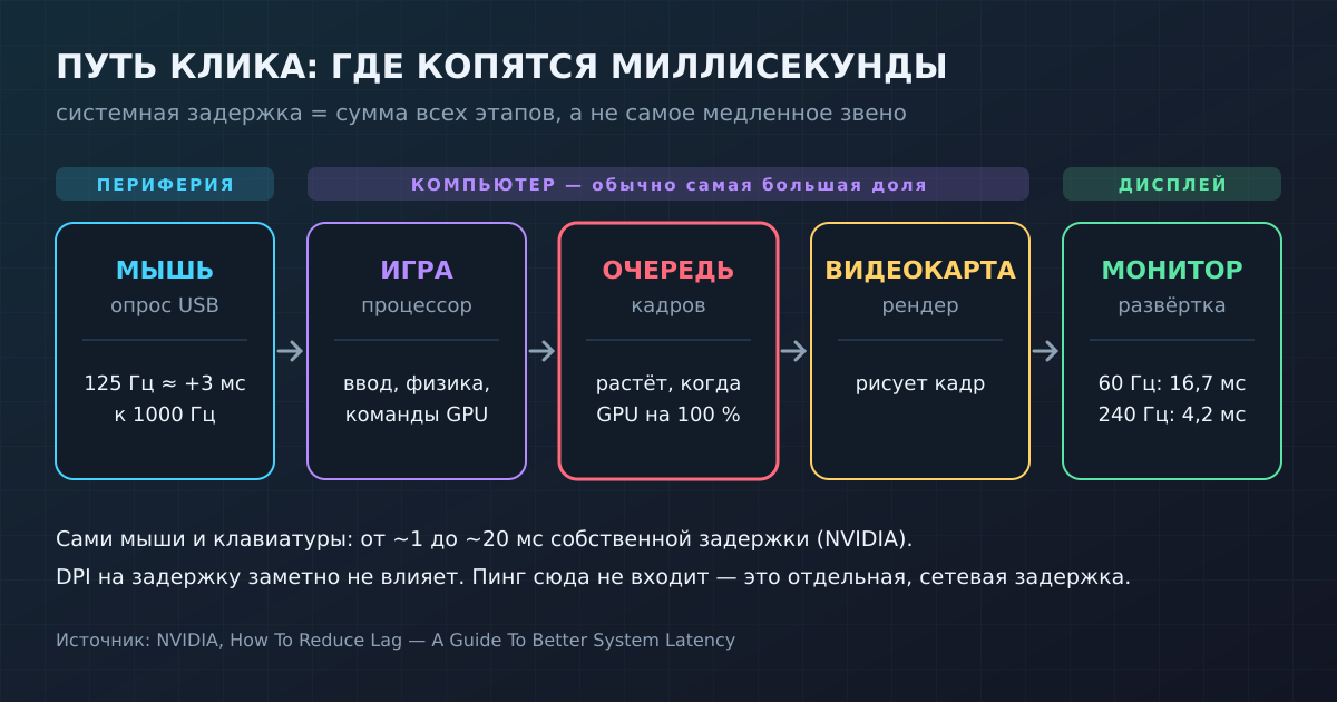 Системная задержка — сумма этапов: периферия, игра на процессоре, очередь и видеокарта, монитор