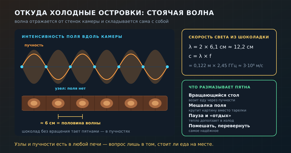 Стоячая волна в камере: в пучностях шоколад тает, в узлах остаётся твёрдым; по расстоянию между пятнами можно посчитать скорость света