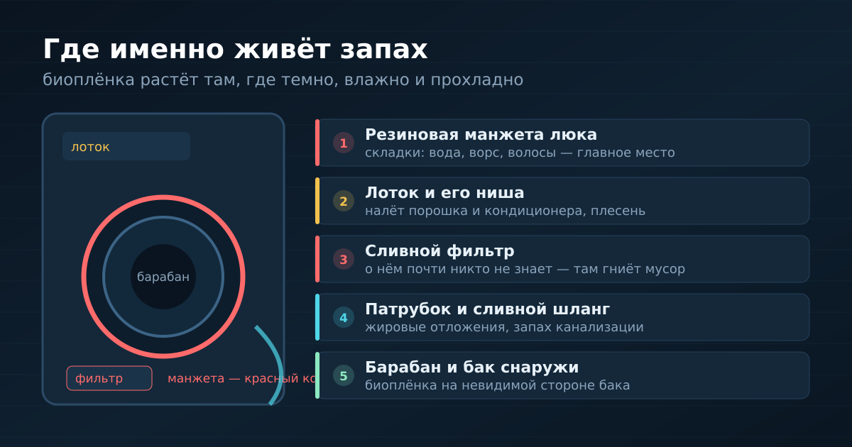 Где живёт запах в стиральной машине: манжета, лоток, фильтр, шланг, барабан