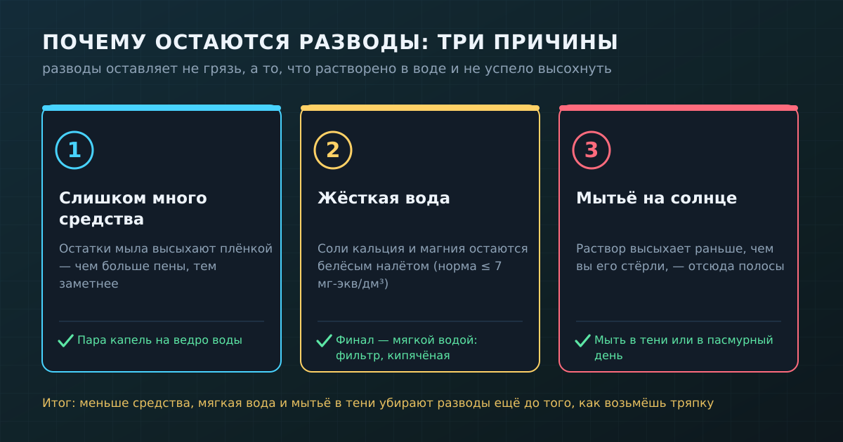 Три причины разводов: лишнее средство, соли жёсткой воды и высыхание на солнце — и что с каждой делать