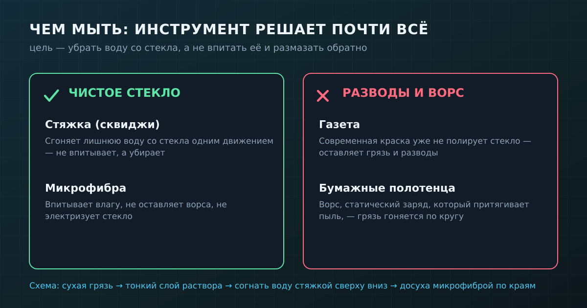 Инструмент решает: стяжка и микрофибра дают чистое стекло, газета и бумага — разводы и ворс