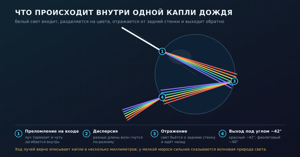 Ход луча внутри капли: преломление на входе, дисперсия, отражение от задней стенки и выход под углом около 42°.