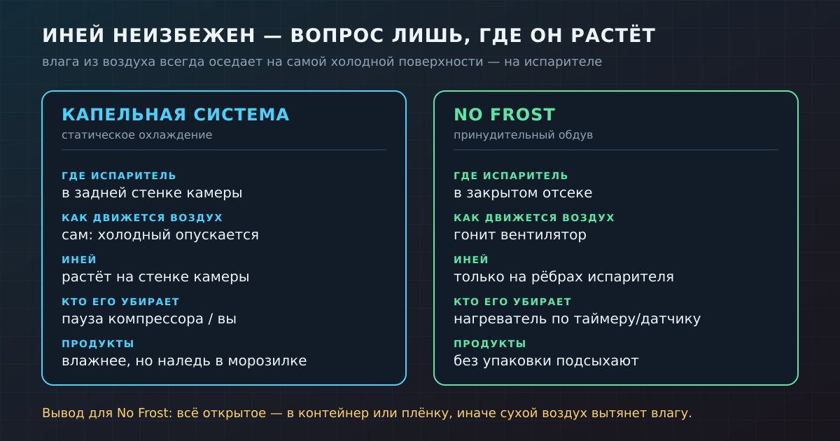 Иней образуется в любом холодильнике; капельная система и No Frost отличаются тем, где он растёт и кто его убирает