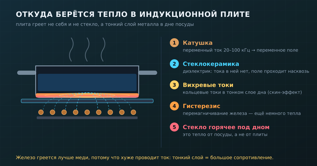 Цепочка нагрева: катушка создаёт переменное поле, поле наводит вихревые токи в тонком слое дна, дно греет еду, а стекло нагревается только от горячей посуды