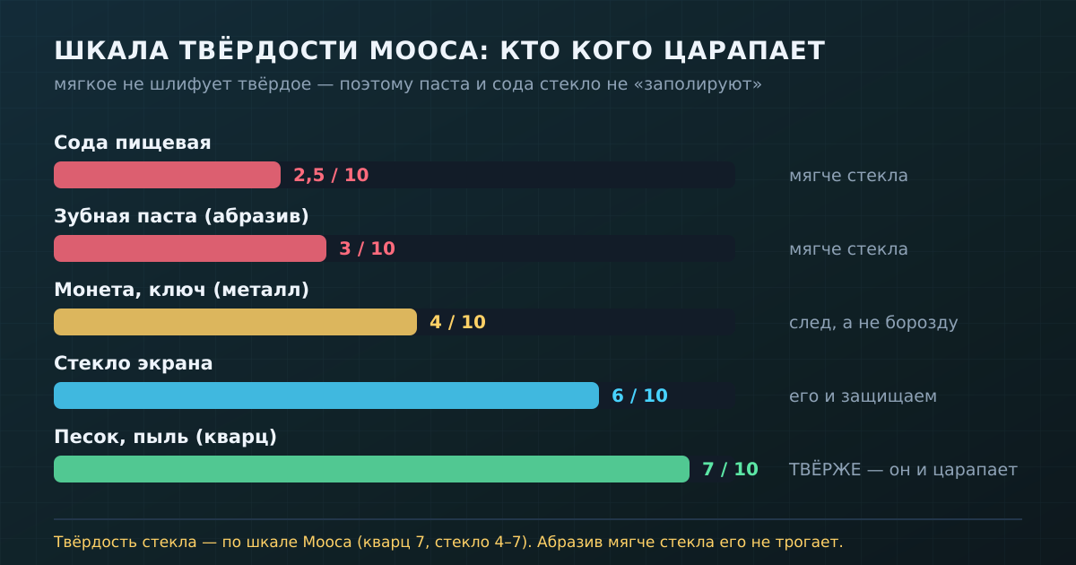 Шкала Мооса: абразив из пасты и соды мягче экранного стекла, а песок (кварц) — твёрже. Поэтому мягким стекло не «отполируешь», а твёрдым оно царапается.