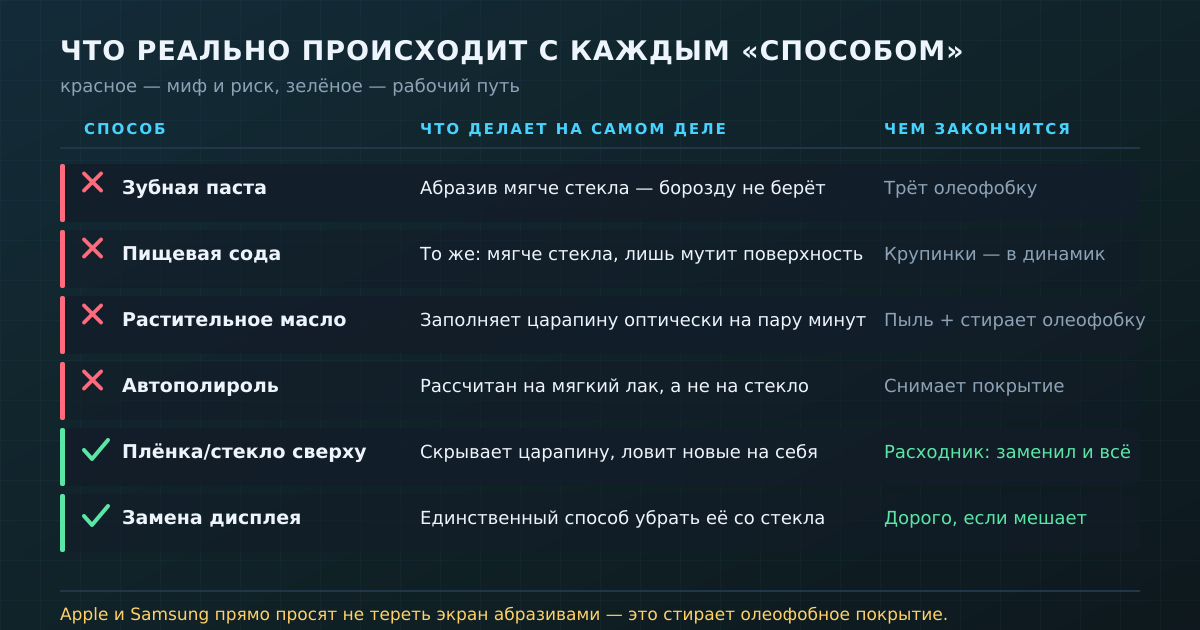 Что на самом деле делает каждый «способ» и чем заканчивается. Красным — мифы и риски, зелёным — рабочие варианты.