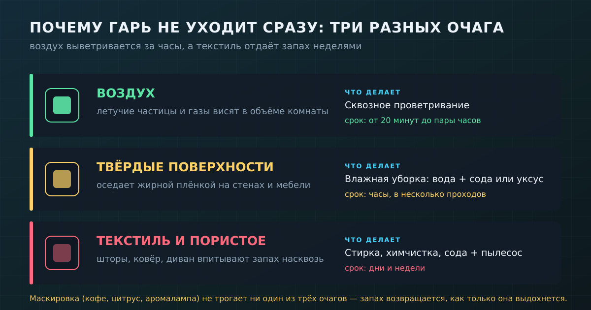 Три очага запаха гари: воздух выветривается за часы, твёрдые поверхности нужно отмывать, текстиль отдаёт запах неделями.