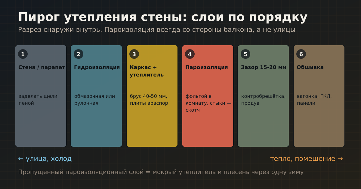 Инфографика: пирог утепления балкона в разрезе — стена, гидроизоляция, каркас с утеплителем, пароизоляция, зазор, обшивка