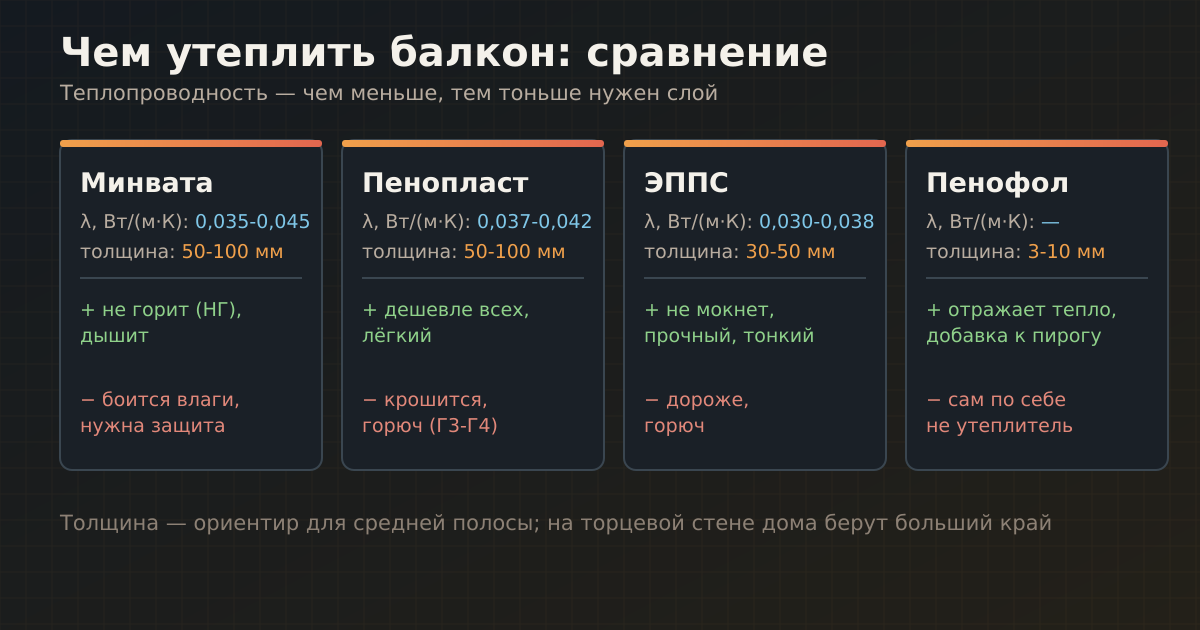 Инфографика: сравнение утеплителей для балкона — минвата, пенопласт, ЭППС и пенофол по теплопроводности, толщине, плюсам и минусам
